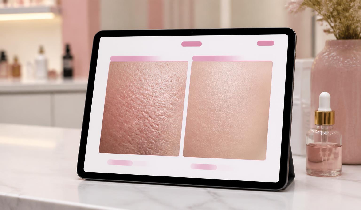 Tablet z porównaniem zdjęć skóry przed i po zabiegu