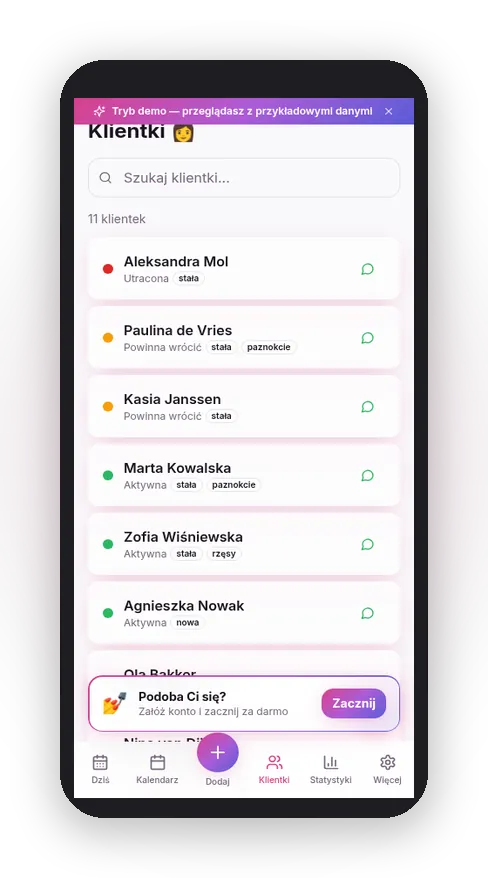 System powrotów w aplikacji Sleeksy, klientki wracają