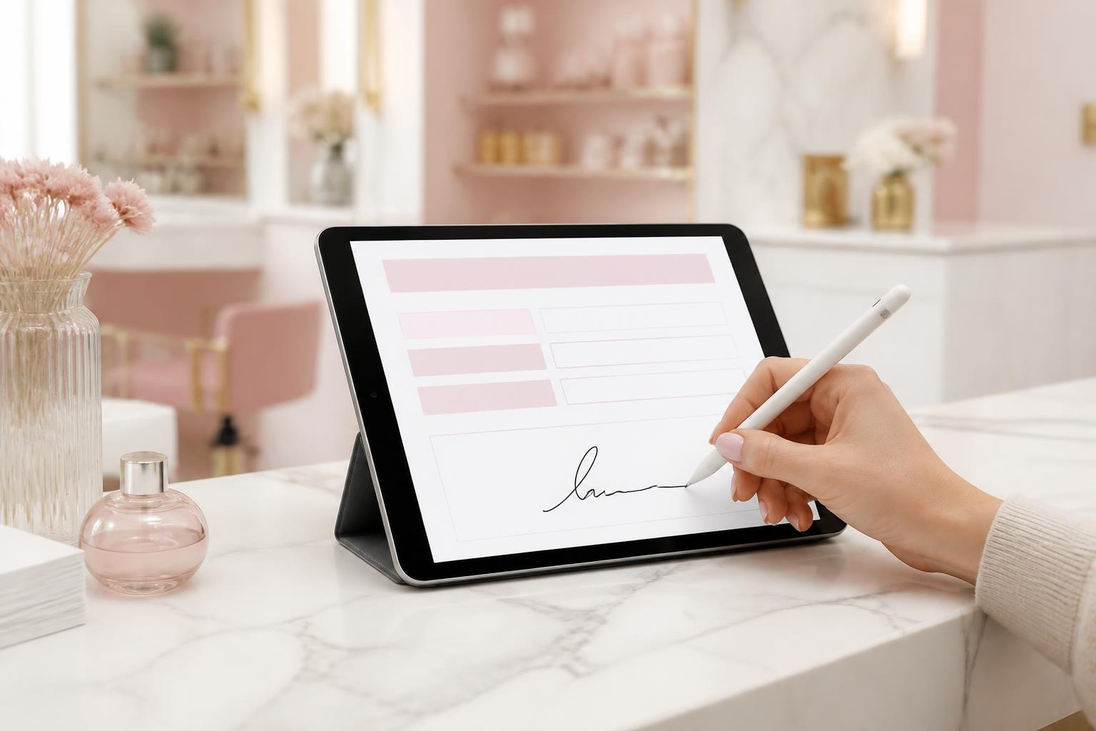 Klientka podpisuje formularz palcem na tablecie