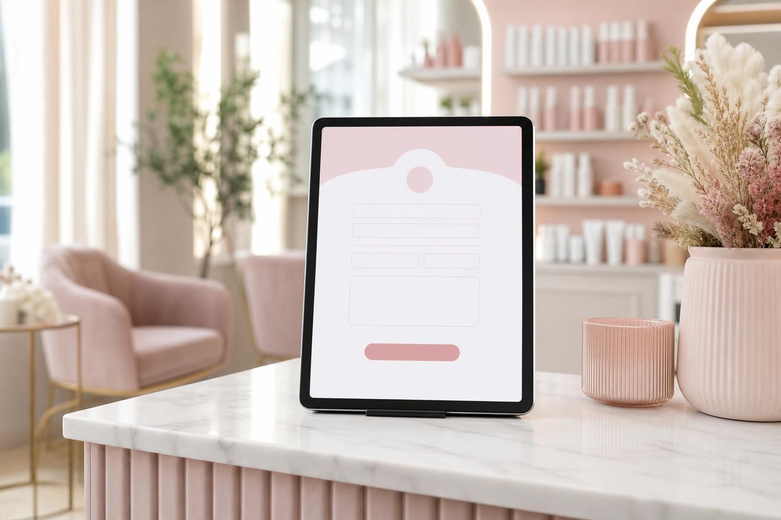 Tablet z cyfrowym formularzem konsultacyjnym na recepcji salonu beauty