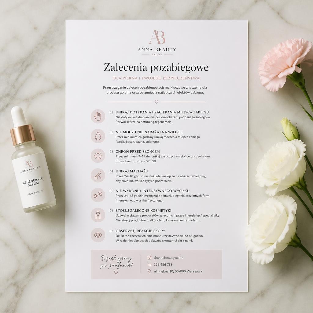 Wydrukowany dokument z zaleceniami pozabiegowymi salonu beauty