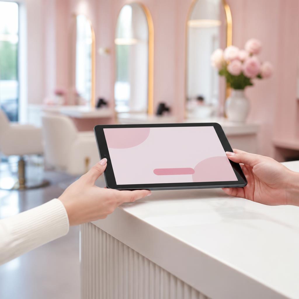 Tablet z ekranem powitalnym podawany klientce przy recepcji