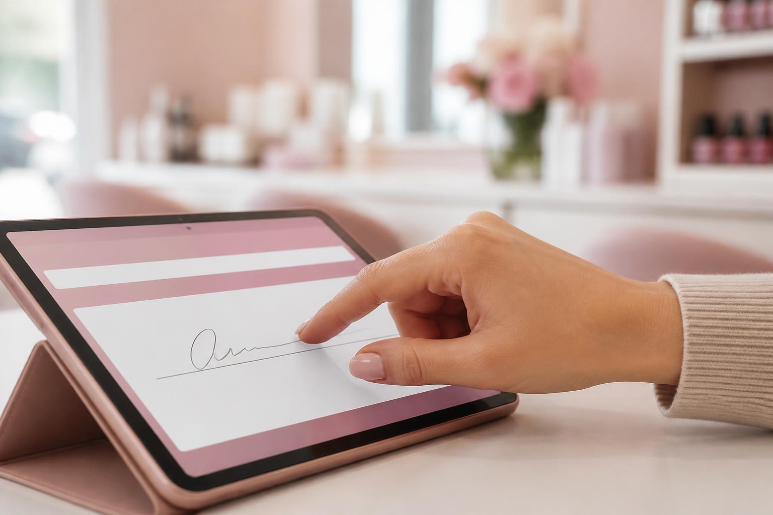 Klientka podpisuje formularz palcem na tablecie