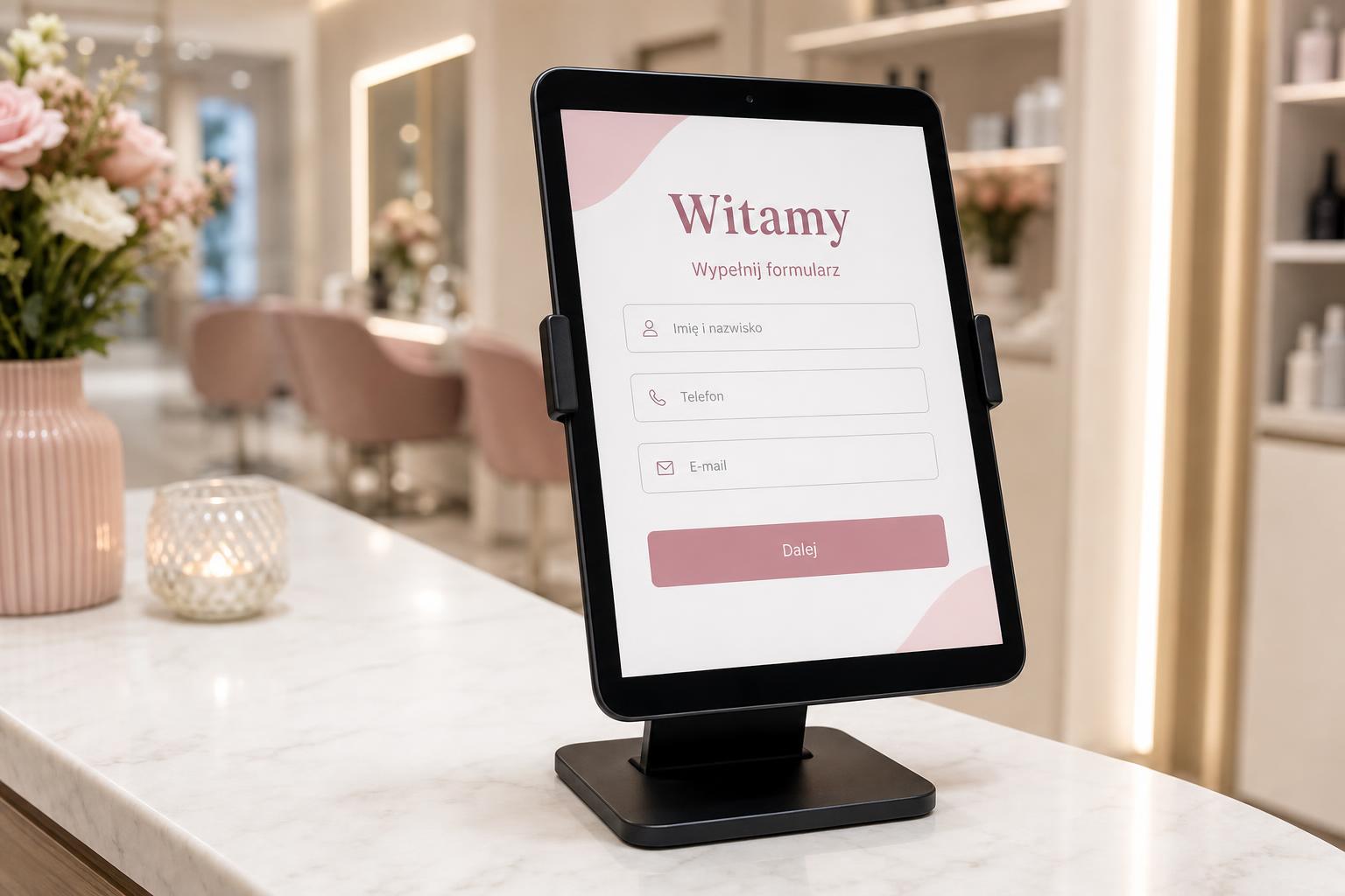 Tablet z formularzem powitalnym na podstawce na recepcji salonu beauty